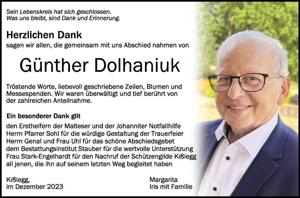  Traueranzeige für Günther Dolhaniuk vom 23.12.2023 aus Schwäbische Zeitung