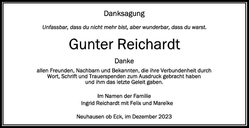  Traueranzeige für Gunter Reichardt vom 08.12.2023 aus Schwäbische Zeitung