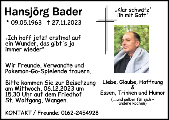 Anzeige von Hansjörg Bader von Schwäbische Zeitung