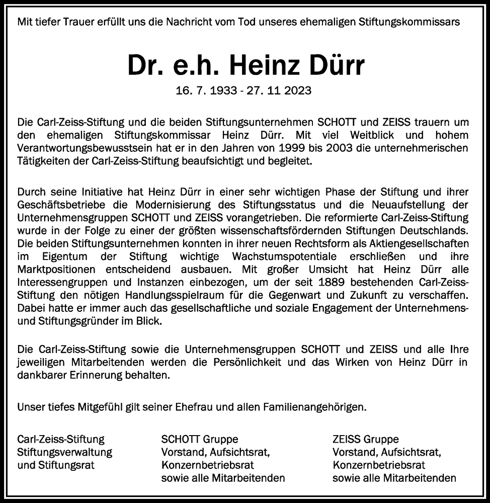  Traueranzeige für Heinz Dürr vom 02.12.2023 aus Schwäbische Zeitung