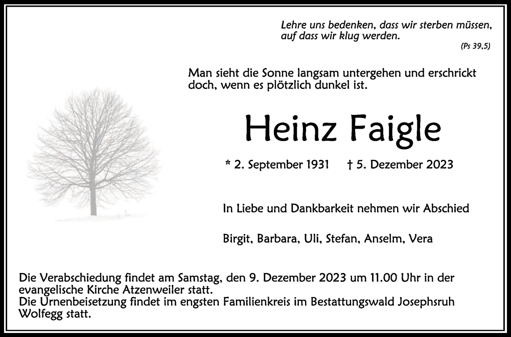  Traueranzeige für Heinz Faigle vom 08.12.2023 aus Schwäbische Zeitung