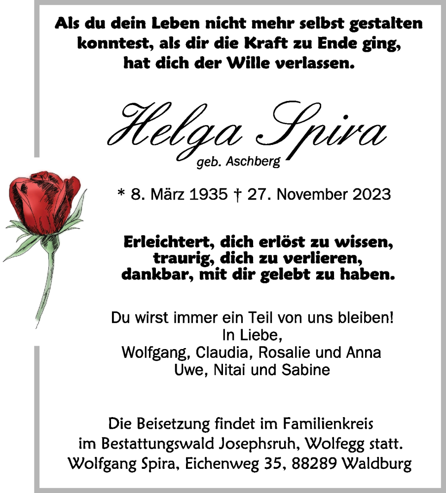  Traueranzeige für Helga Spira vom 02.12.2023 aus Schwäbische Zeitung