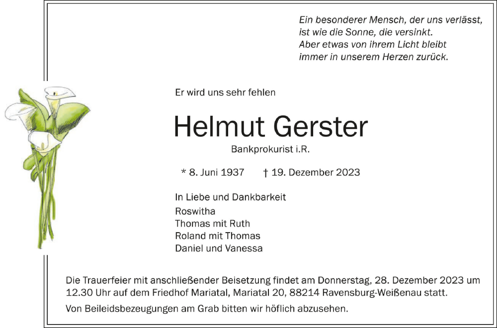  Traueranzeige für Helmut Gerster vom 23.12.2023 aus Schwäbische Zeitung