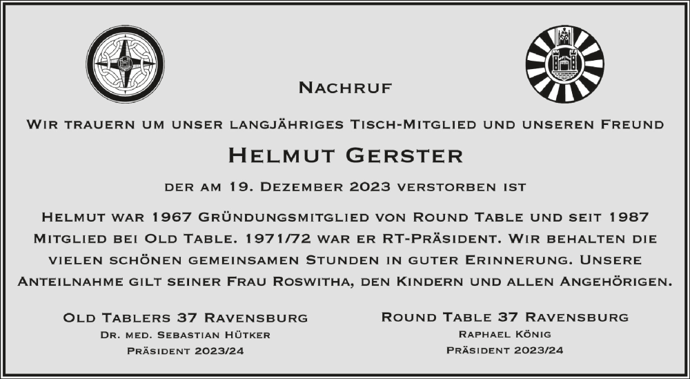  Traueranzeige für Helmut Gerster vom 28.12.2023 aus Schwäbische Zeitung