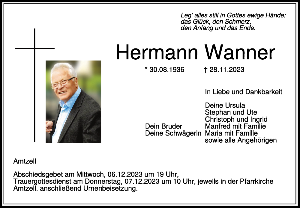  Traueranzeige für Hermann Wanner vom 02.12.2023 aus Schwäbische Zeitung