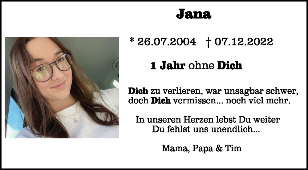  Traueranzeige für Jana Kolb vom 07.12.2023 aus Schwäbische Zeitung