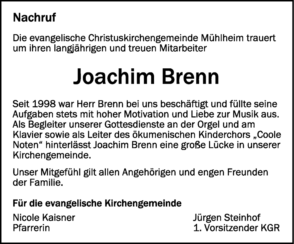  Traueranzeige für Joachim Brenn vom 30.12.2023 aus Schwäbische Zeitung