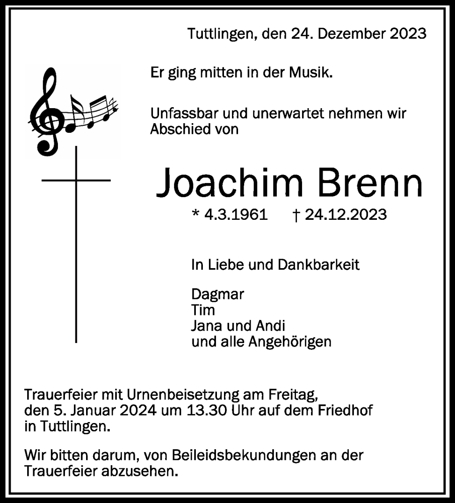  Traueranzeige für Joachim Brenn vom 30.12.2023 aus Schwäbische Zeitung