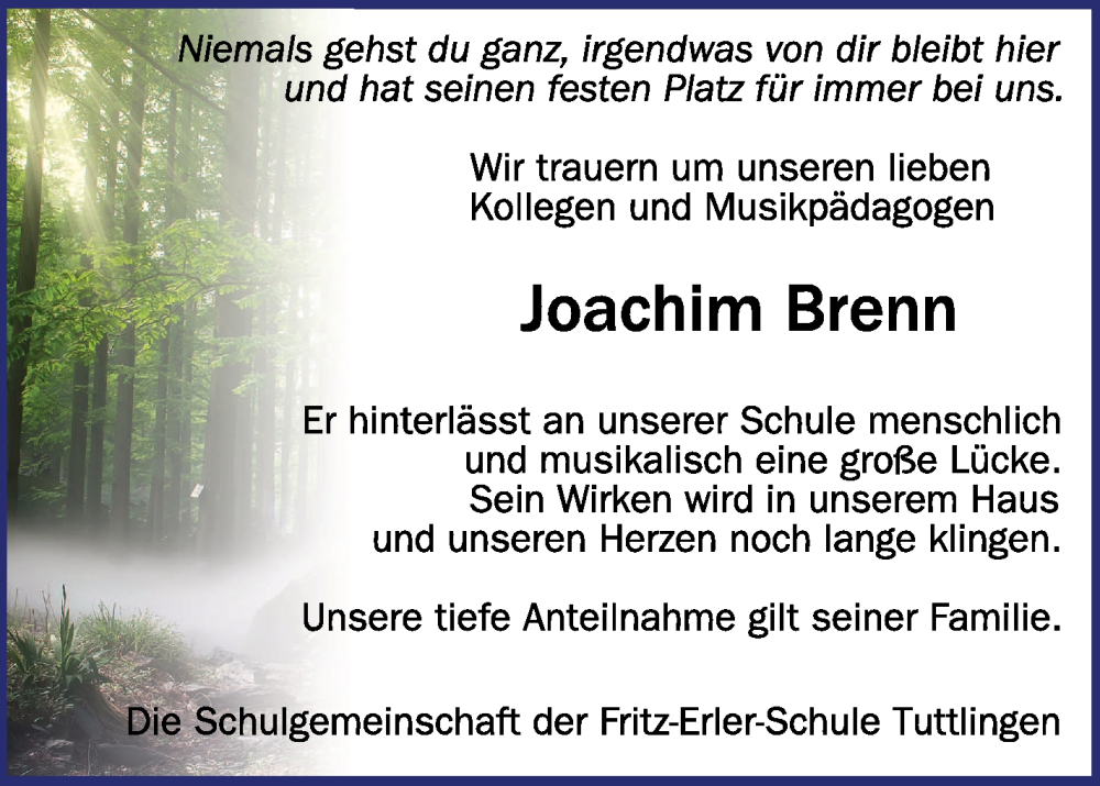  Traueranzeige für Joachim Brenn vom 30.12.2023 aus Schwäbische Zeitung