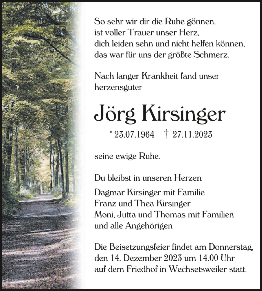  Traueranzeige für Jörg Kirsinger vom 05.12.2023 aus Schwäbische Zeitung