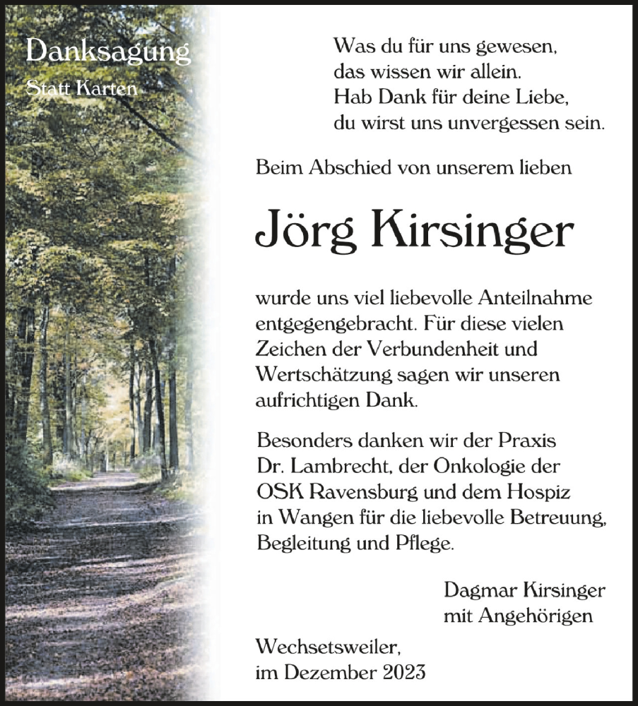  Traueranzeige für Jörg Kirsinger vom 22.12.2023 aus Schwäbische Zeitung