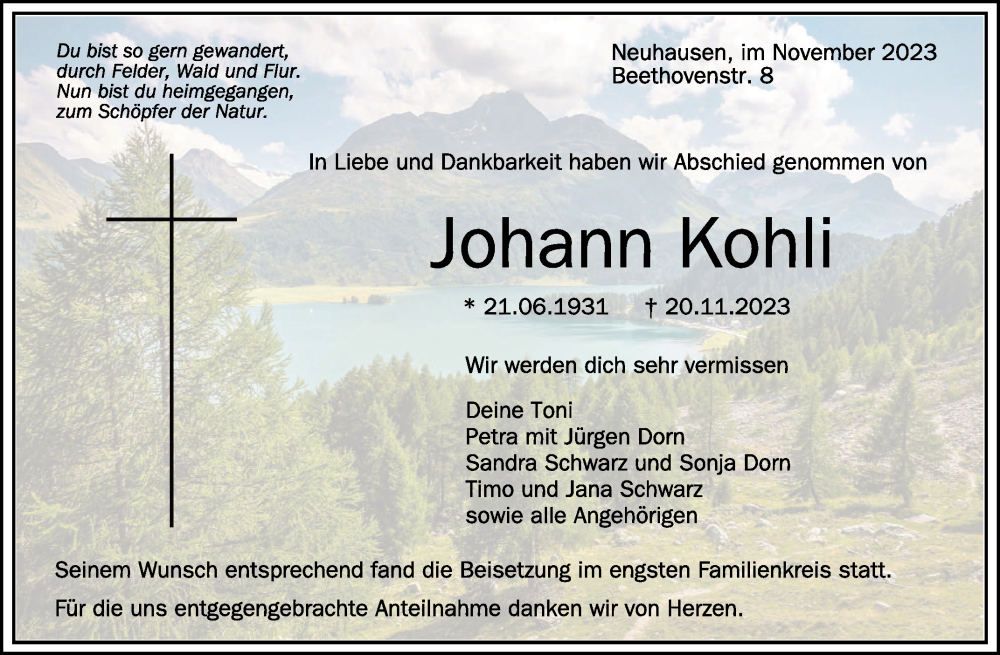  Traueranzeige für Johann Kohli vom 02.12.2023 aus Schwäbische Zeitung