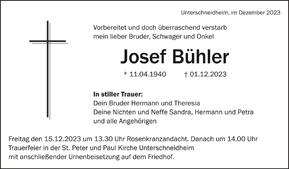  Traueranzeige für Josef Bühler vom 13.12.2023 aus Schwäbische Zeitung