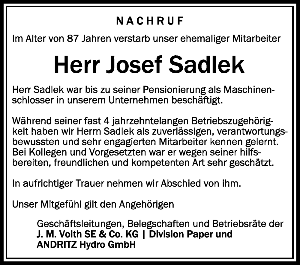  Traueranzeige für Josef Sadlek vom 22.12.2023 aus Schwäbische Zeitung