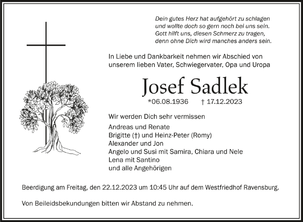  Traueranzeige für Josef Sadlek vom 19.12.2023 aus Schwäbische Zeitung