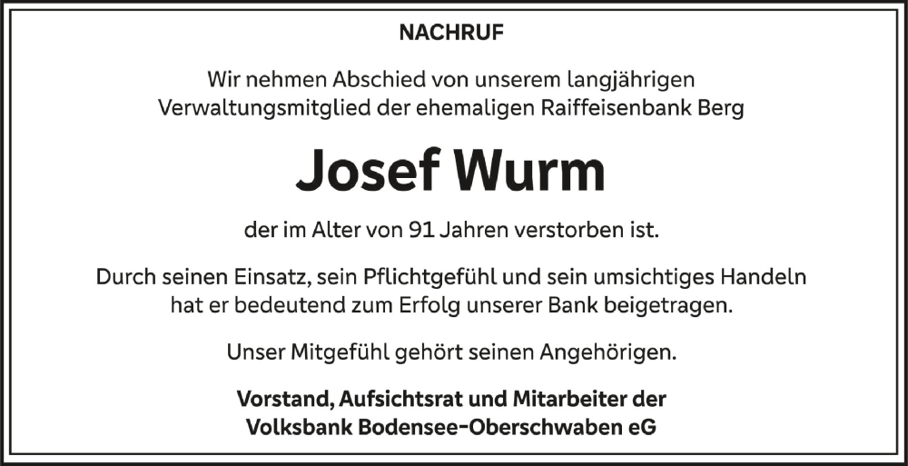  Traueranzeige für Josef Wurm vom 14.12.2023 aus Schwäbische Zeitung