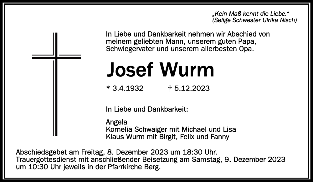 Traueranzeige für Josef Wurm vom 08.12.2023 aus Schwäbische Zeitung