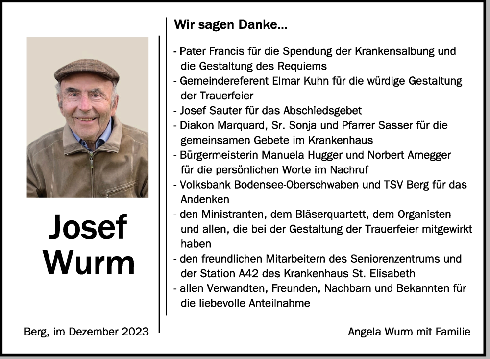  Traueranzeige für Josef Wurm vom 29.12.2023 aus Schwäbische Zeitung