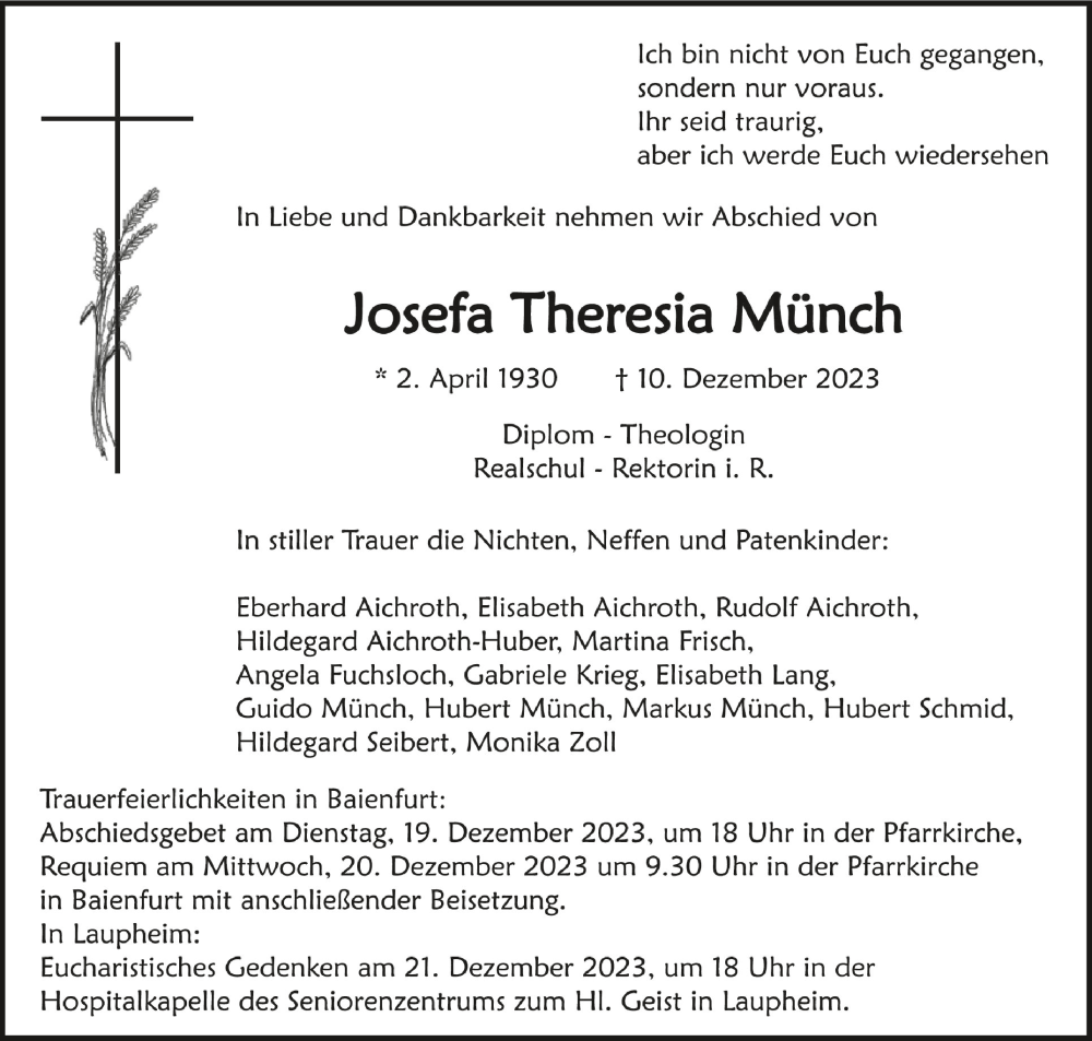  Traueranzeige für Josefa Theresia Münch vom 16.12.2023 aus Schwäbische Zeitung