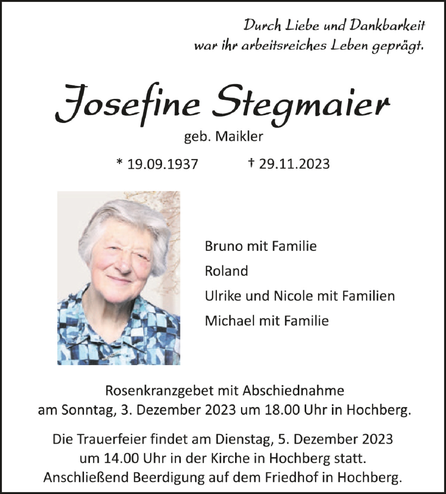  Traueranzeige für Josefine Stegmaier vom 02.12.2023 aus Schwäbische Zeitung