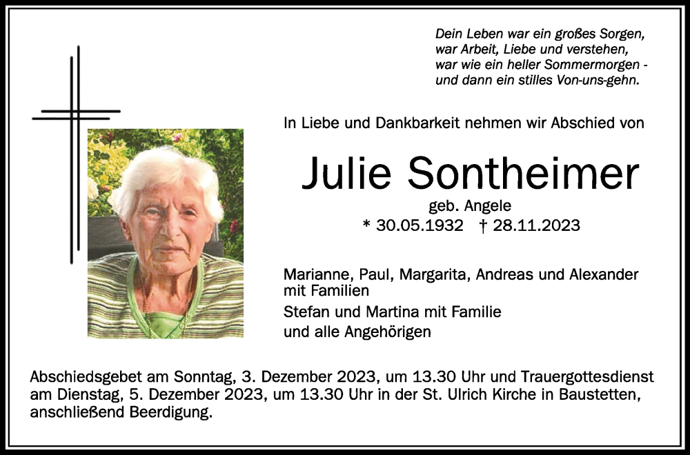  Traueranzeige für Julie Sontheimer vom 02.12.2023 aus Schwäbische Zeitung