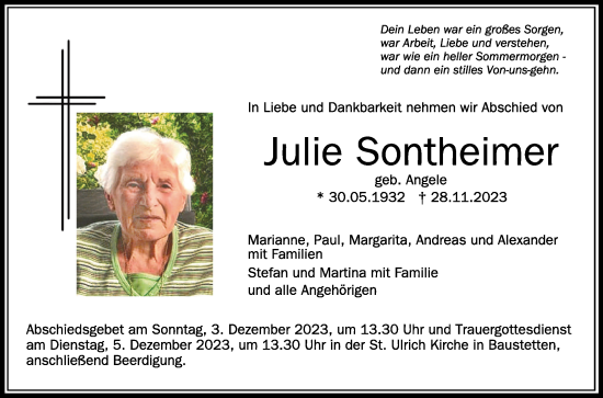 Anzeige von Julie Sontheimer von Schwäbische Zeitung