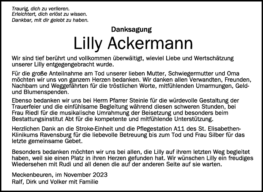  Traueranzeige für Lilly Ackermann vom 02.12.2023 aus Schwäbische Zeitung