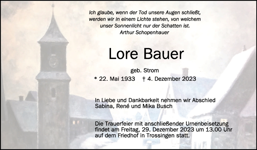  Traueranzeige für Lore Bauer vom 23.12.2023 aus Schwäbische Zeitung