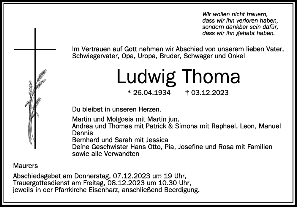  Traueranzeige für Ludwig Thoma vom 05.12.2023 aus Schwäbische Zeitung