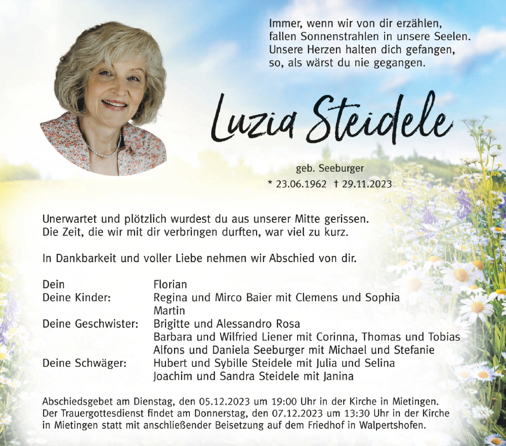  Traueranzeige für Luzia Steidele vom 02.12.2023 aus Schwäbische Zeitung