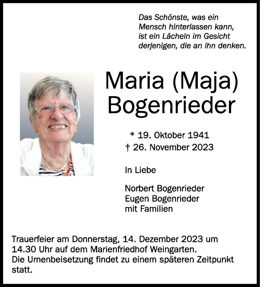  Traueranzeige für Maria Bogenrieder vom 02.12.2023 aus Schwäbische Zeitung