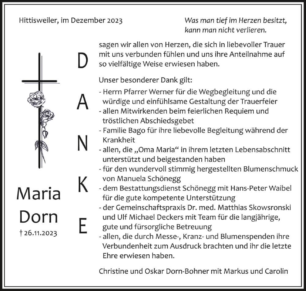  Traueranzeige für Maria Dorn vom 09.12.2023 aus Schwäbische Zeitung