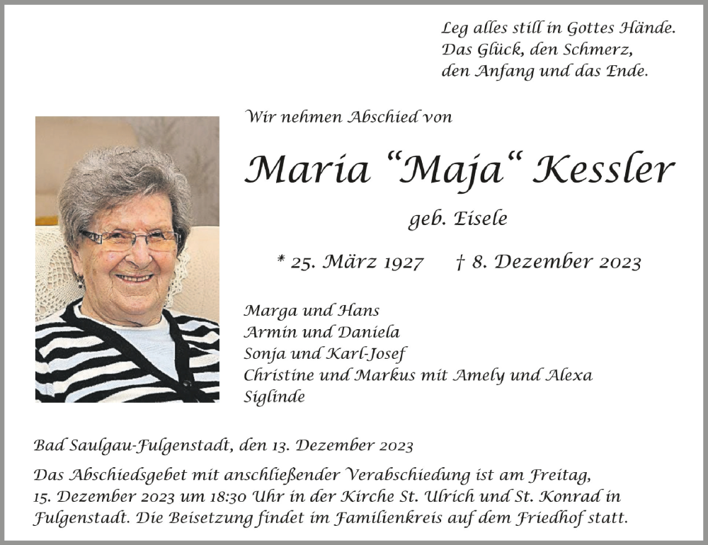 Traueranzeige für Maria Kessler vom 13.12.2023 aus Schwäbische Zeitung