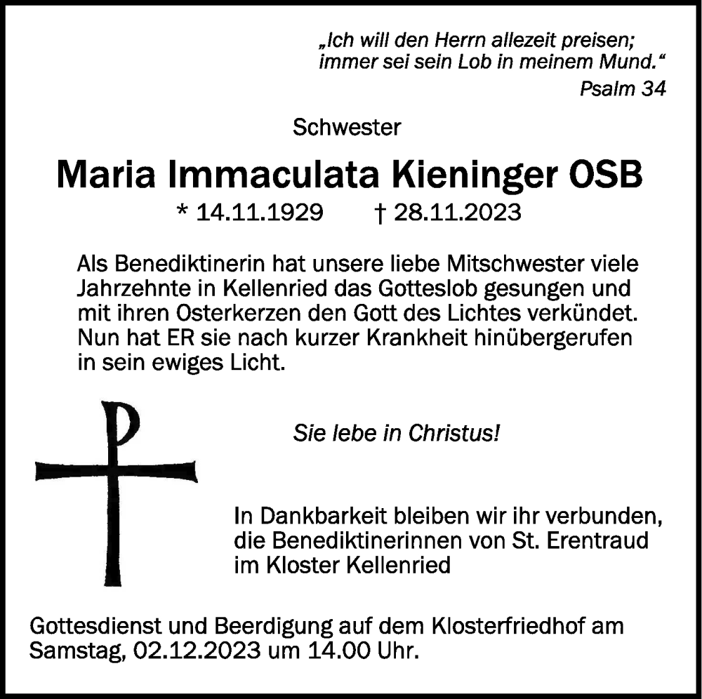  Traueranzeige für Maria Immaculata Kieninger vom 01.12.2023 aus Schwäbische Zeitung