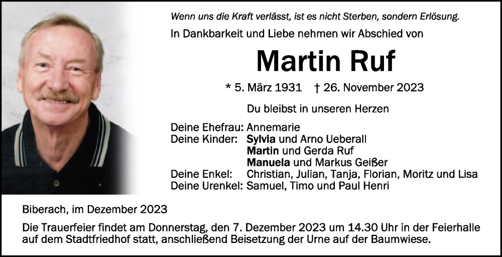 Traueranzeige für Martin Ruf vom 02.12.2023 aus Schwäbische Zeitung