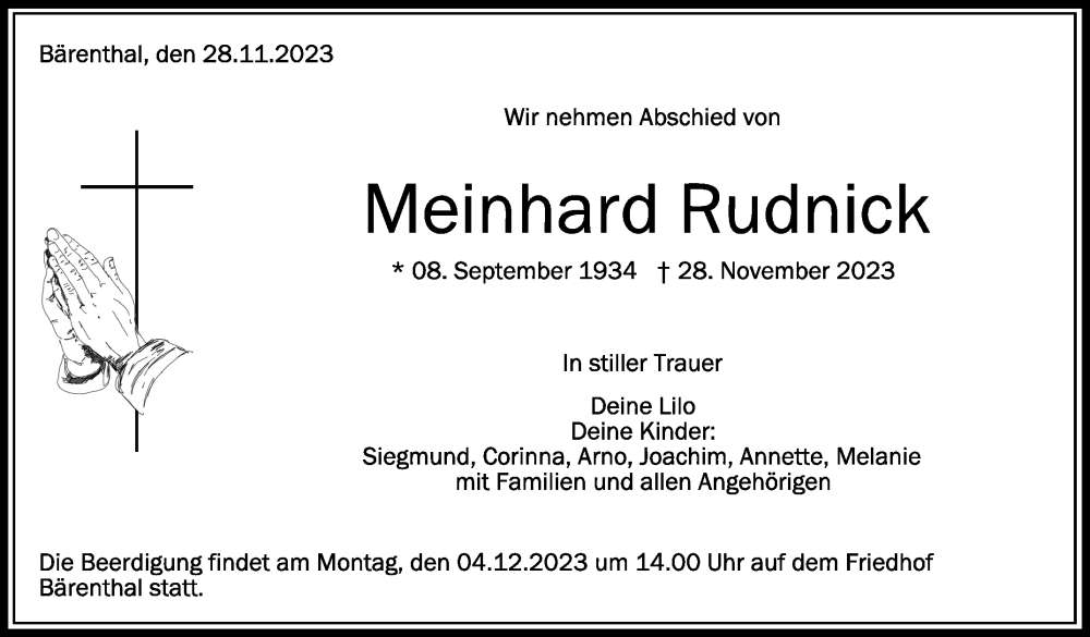  Traueranzeige für Meinhard Rudnick vom 01.12.2023 aus Schwäbische Zeitung