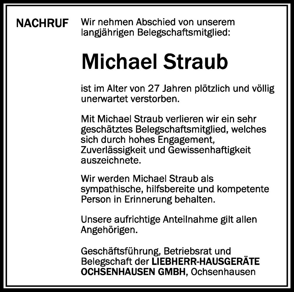  Traueranzeige für Michael Straub vom 16.12.2023 aus Schwäbische Zeitung