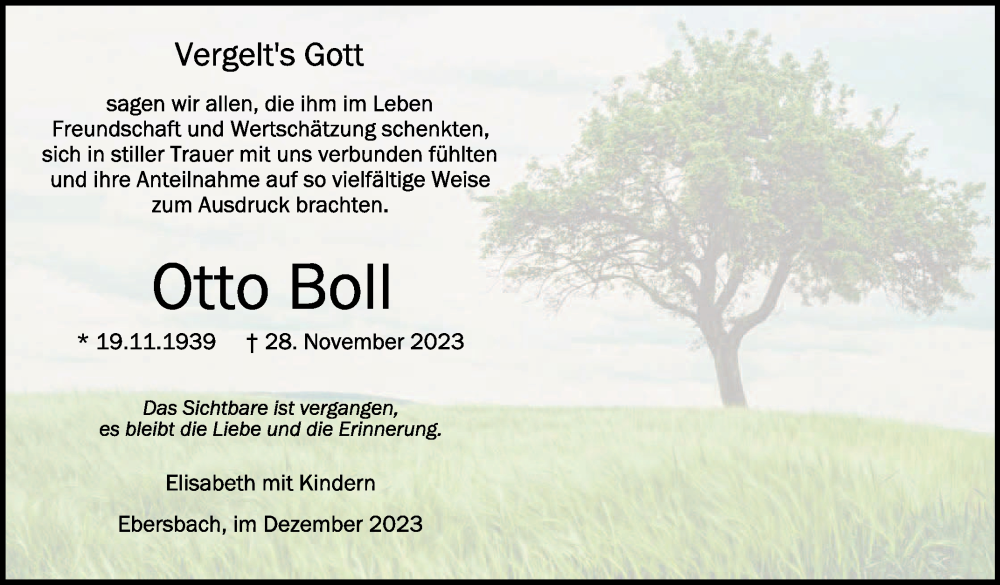  Traueranzeige für Otto Boll vom 20.12.2023 aus Schwäbische Zeitung