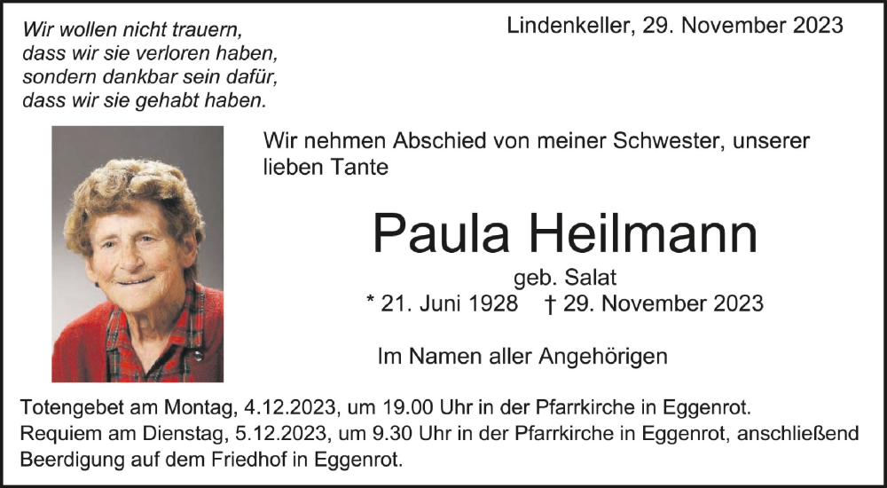  Traueranzeige für Paula Heilmann vom 02.12.2023 aus Schwäbische Zeitung