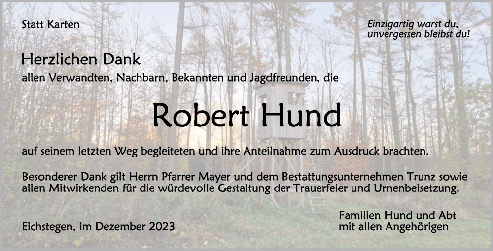  Traueranzeige für Robert Hund vom 20.12.2023 aus Schwäbische Zeitung