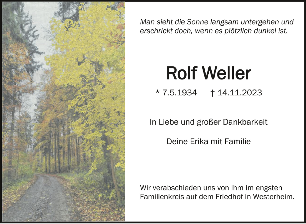  Traueranzeige für Rolf Weller vom 02.12.2023 aus Schwäbische Zeitung