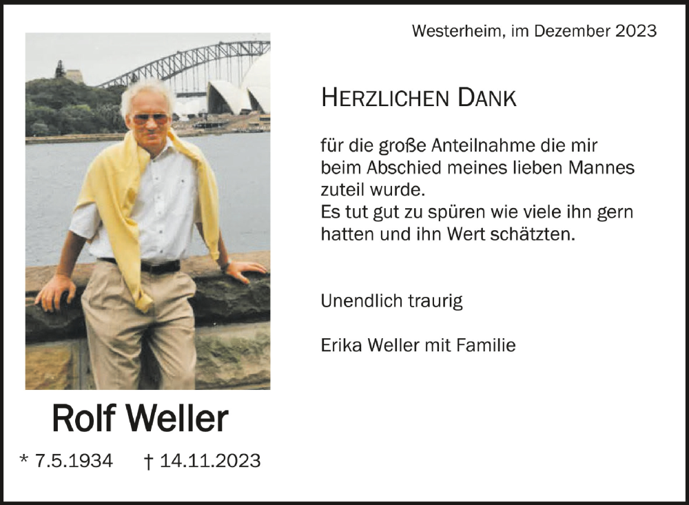  Traueranzeige für Rolf Weller vom 09.12.2023 aus Schwäbische Zeitung