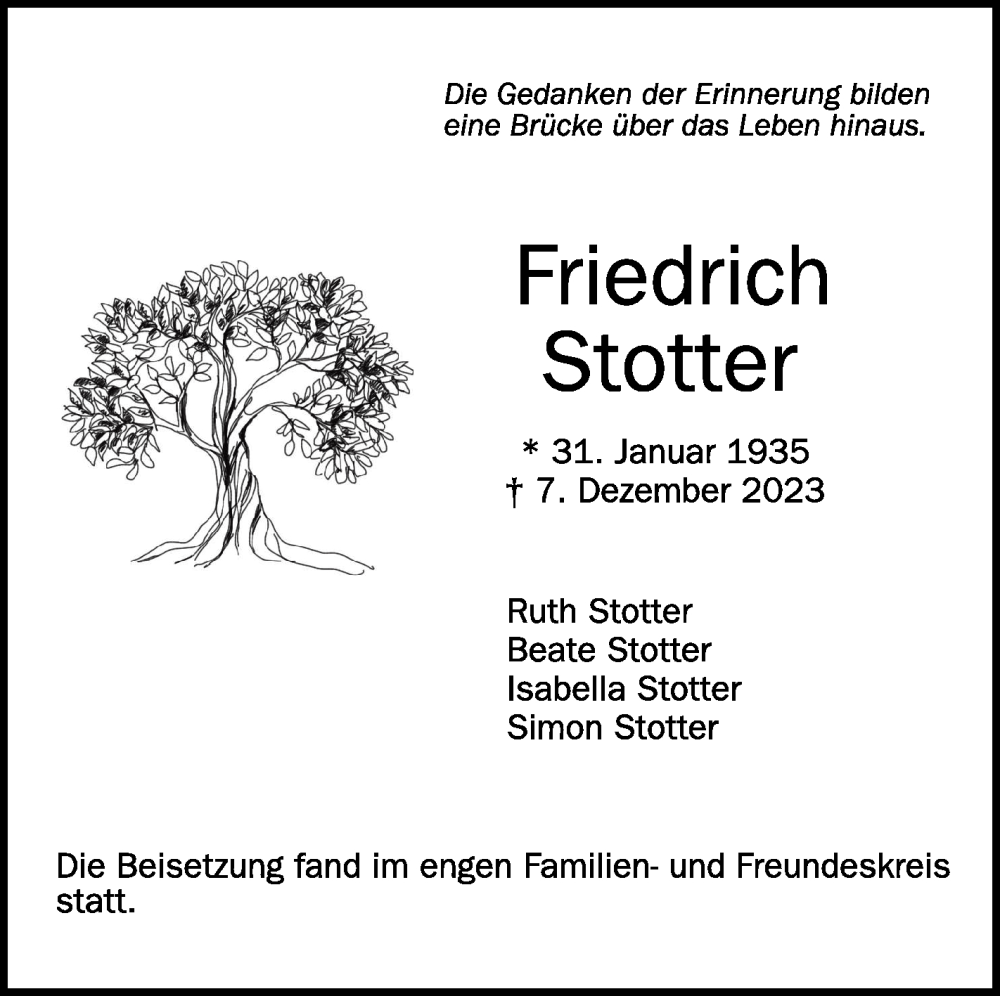  Traueranzeige für Ruth Stotter vom 23.12.2023 aus Schwäbische Zeitung