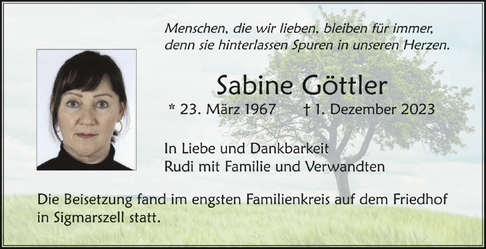  Traueranzeige für Sabine Göttler vom 13.12.2023 aus Schwäbische Zeitung