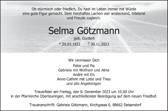 Anzeige von Selma Götzmann von Schwäbische Zeitung
