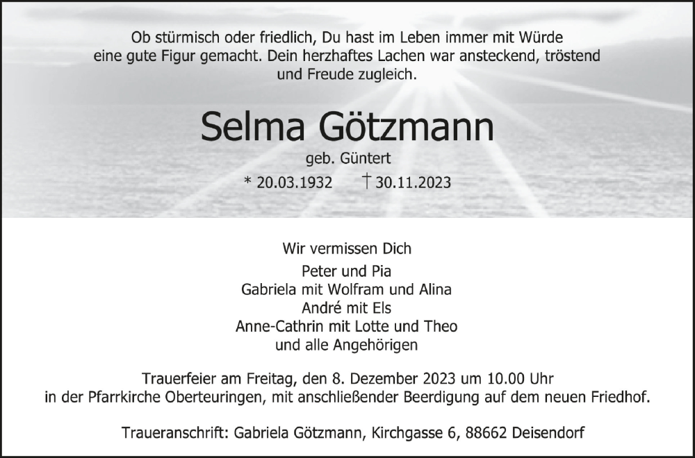  Traueranzeige für Selma Götzmann vom 02.12.2023 aus Schwäbische Zeitung