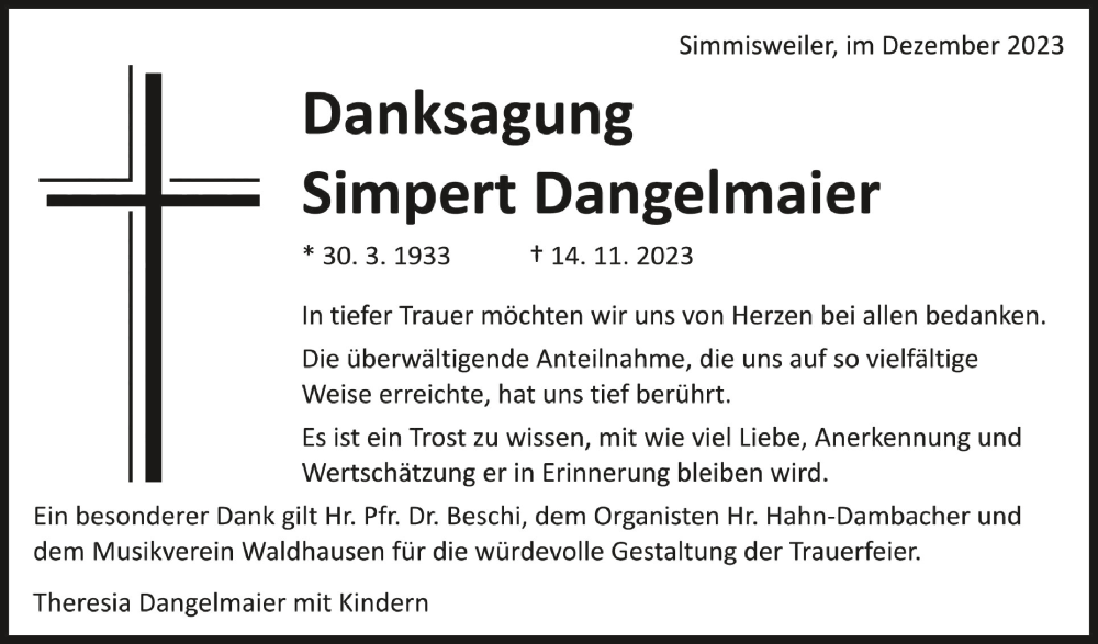  Traueranzeige für Simpert Dangelmaier vom 16.12.2023 aus Schwäbische Zeitung