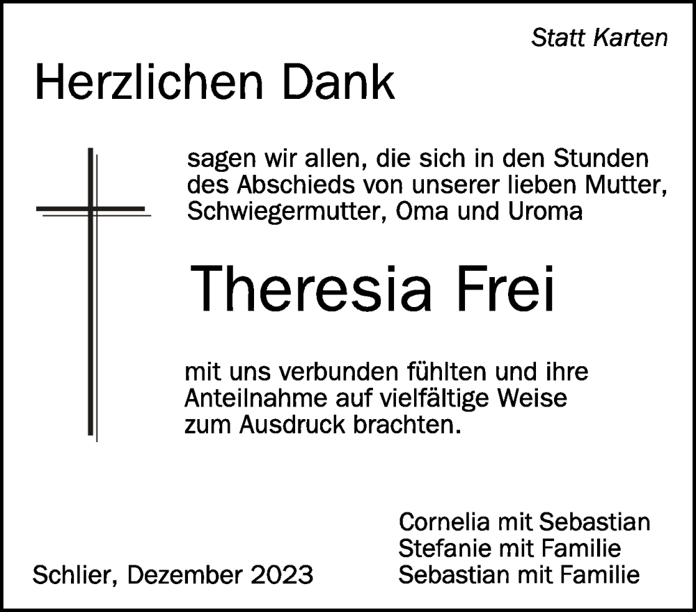  Traueranzeige für Theresia Frei vom 30.12.2023 aus Schwäbische Zeitung