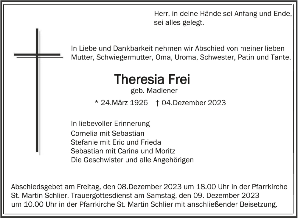  Traueranzeige für Theresia Frei vom 07.12.2023 aus Schwäbische Zeitung