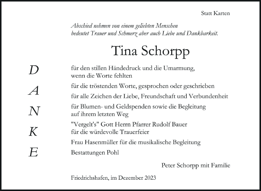  Traueranzeige für Tina Schorpp vom 23.12.2023 aus Schwäbische Zeitung